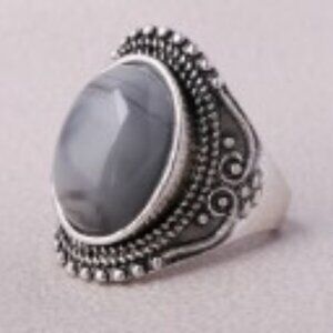 Silver-Tone Gray Oval Men's Ring size 8 Synthetic Stone & Zinc Alloy Body